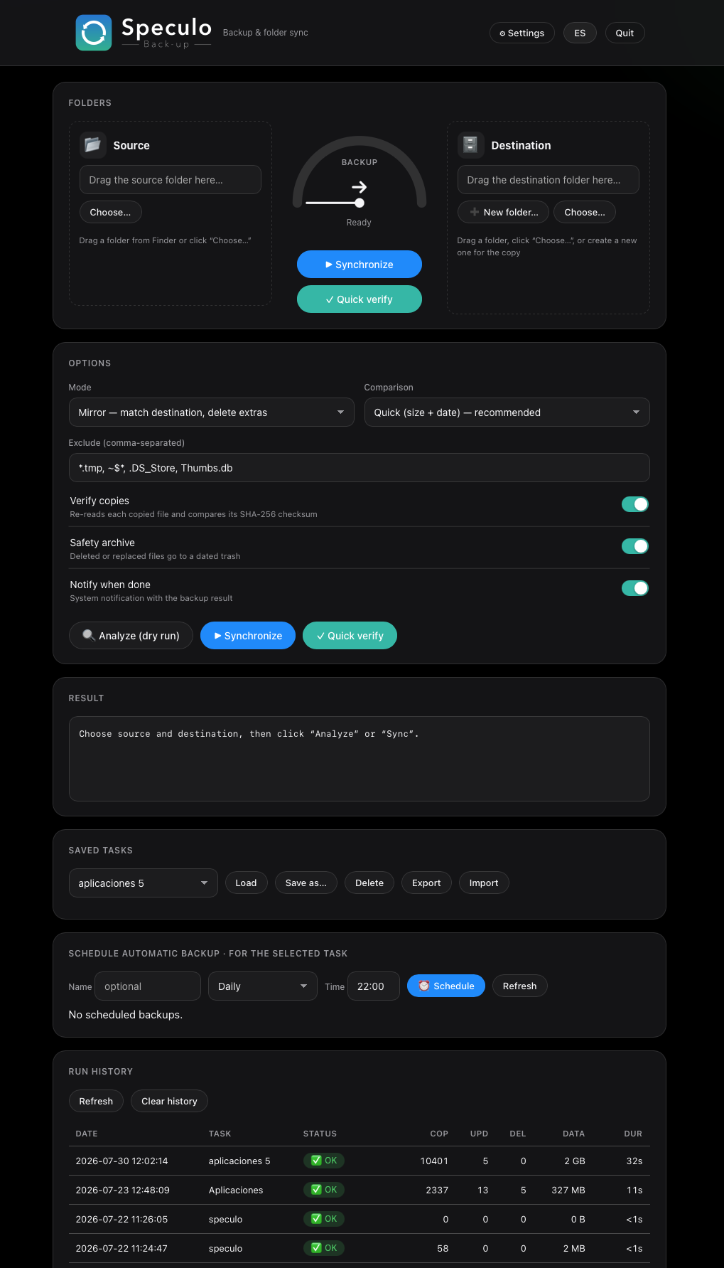 Speculo Back-Up — English interface