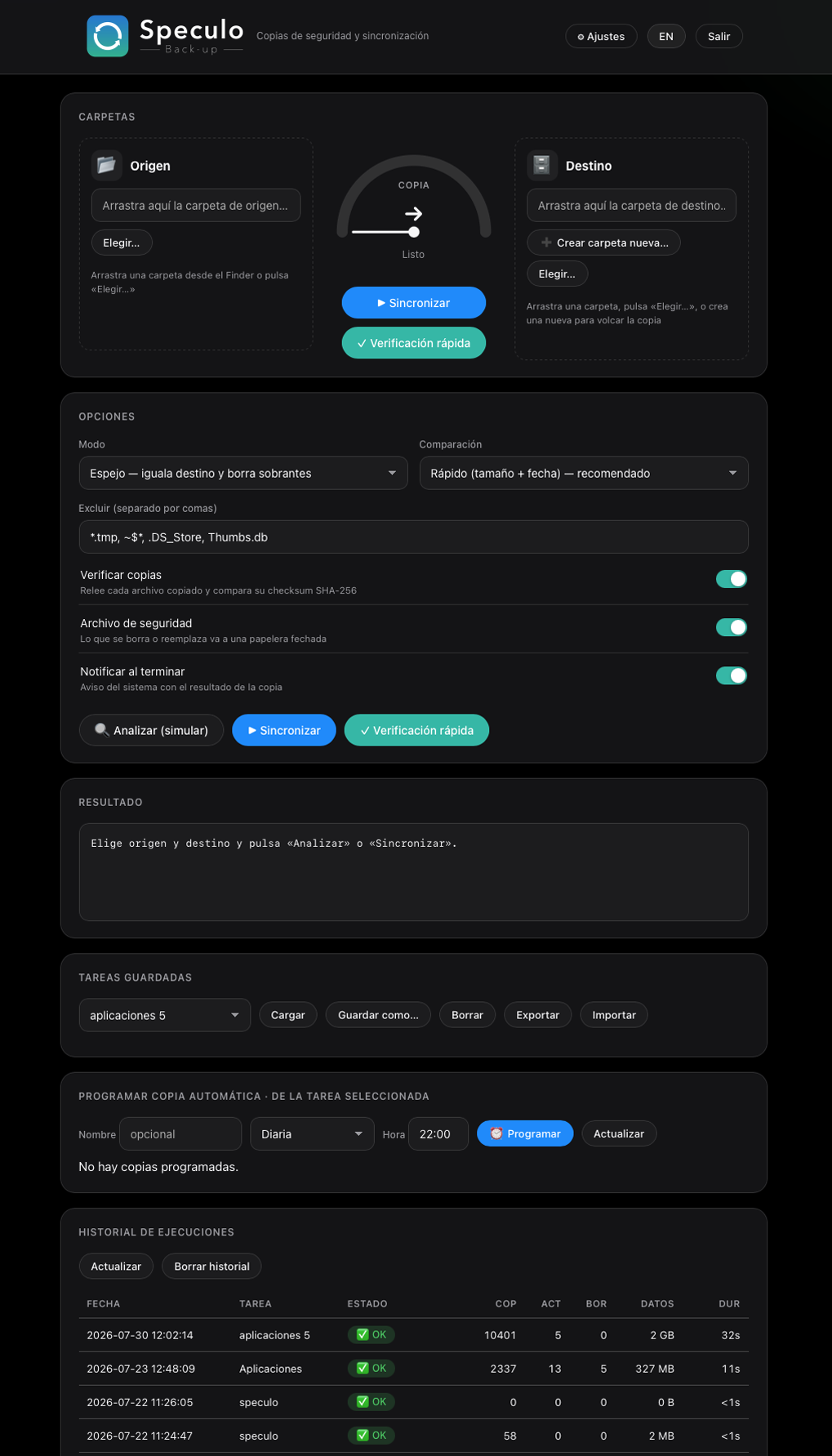 Speculo Back-Up — interfaz en español